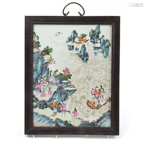 Chinese porcelain panel housed in a hardwood screen, hand pa...