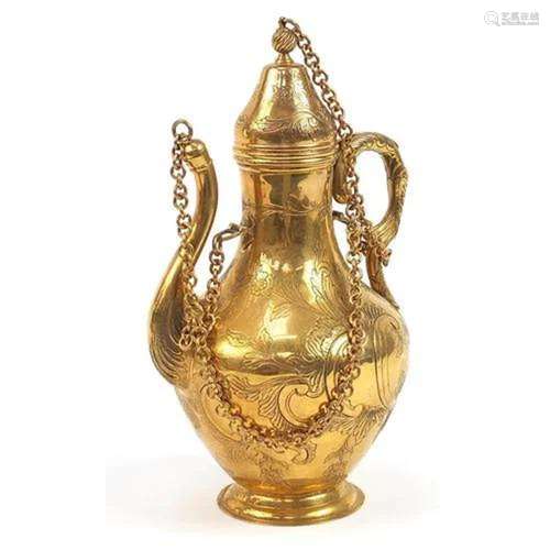 Turkish Tombak ewer engraved with flowers, 37cm high