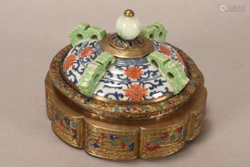 Chinese Brass & Porcelain Lidded Vessel,