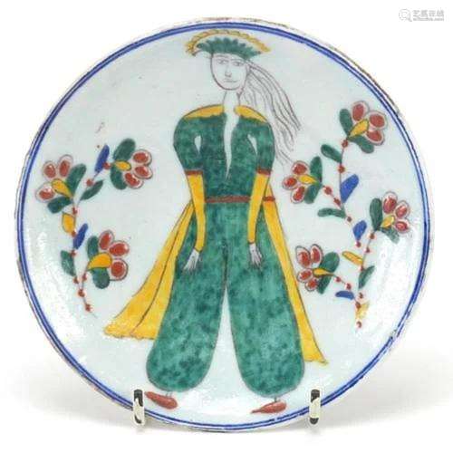 Turkish pottery shallow dish hand painted with a figure and ...