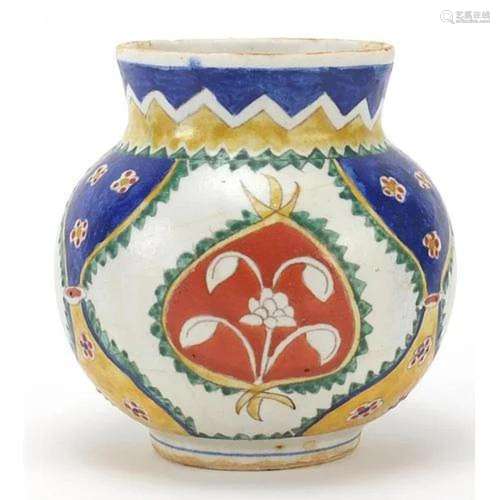Turkish Kutahya pottery vase hand painted with flowers, 14.5...