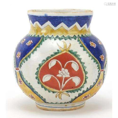 Turkish Kutahya pottery vase hand painted with flowers, 14.5...