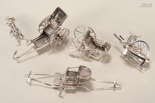 Three Chinese Export Silver Miniature Rickshaws,