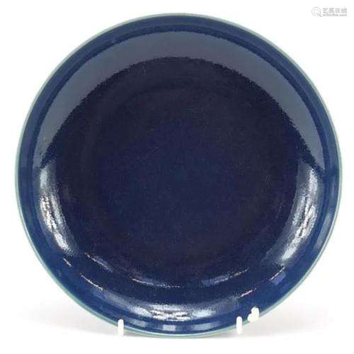 Chinese blue and white porcelain dish having a blue glaze, s...