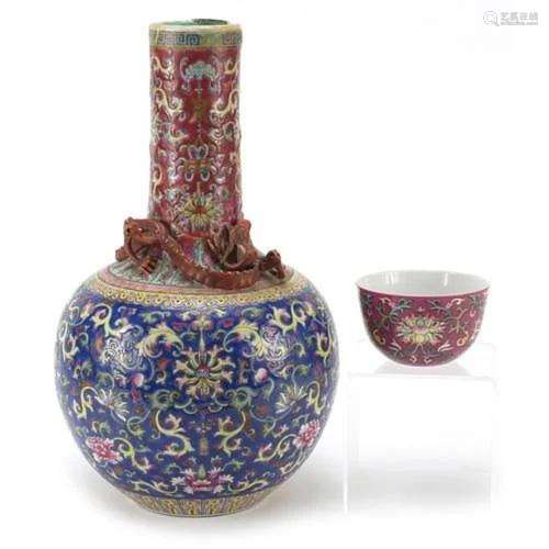 Chinese porcelain pink ground bowl and a blue ground vase de...