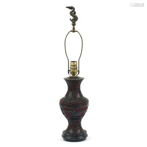 Chinese cinnabar lacquer vase table lamp, 63cm high