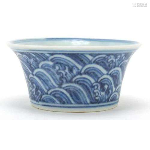 Chinese blue and white porcelain bowl hand painted with wave...