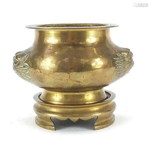 Chinese bronze censer with lion mask handles on stand, 11.5c...