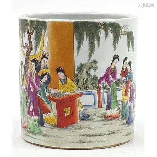 Large Chinese porcelain brush pot hand painted in the famill...