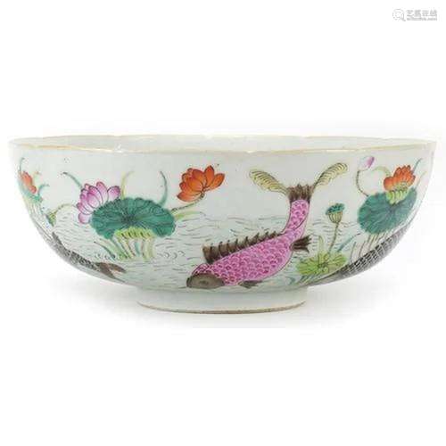 Chinese porcelain bowl hand painted in the famille rose pale...