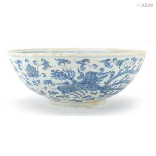 Chinese blue and white porcelain bowl hand painted with drag...