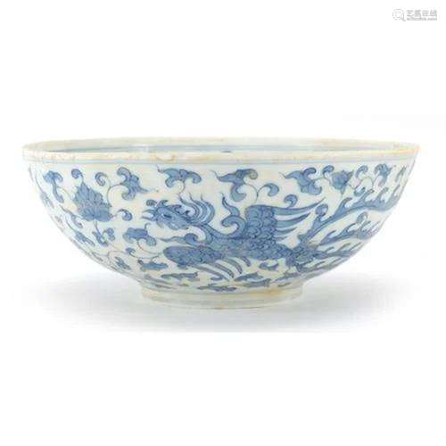 Chinese blue and white porcelain bowl hand painted with drag...