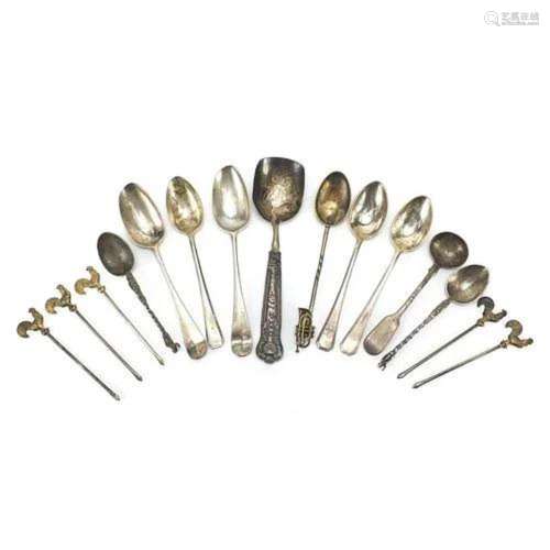 Antique and later silver spoons and a set of five cocktail s...