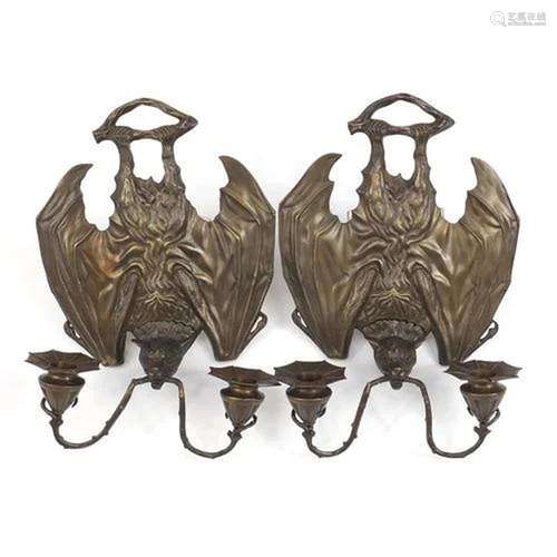 Pair of Art Nouveau style patinated bronze bat design wall s...