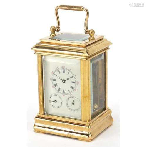 Miniature brass cased carriage clock with enamelled dial, 8....