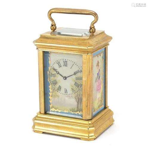 Miniature brass cased carriage clock with Sevres style panel...