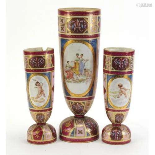 Garniture of three Austrian Vienna vases, each hand painted ...