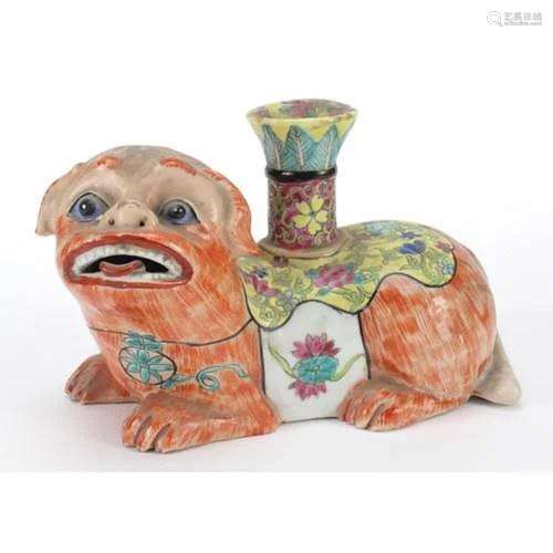 Chinese porcelain Shishi candlestick hand painted in the fam...
