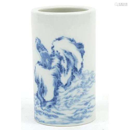 Chinese blue and white porcelain cylindrical brush pot hand ...