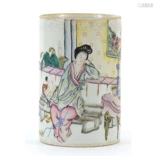 Chinese porcelain brush pot hand painted in the famille rose...