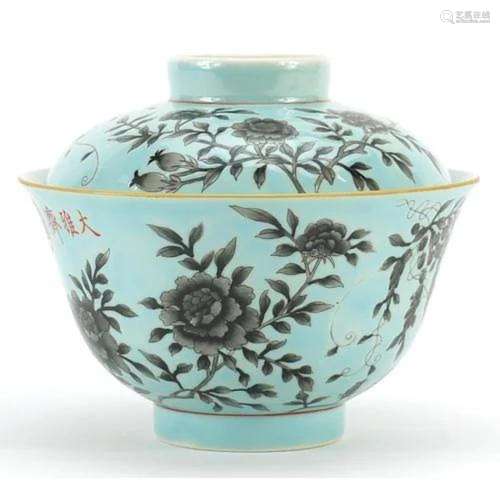 Chinese turquoise ground porcelain bowl and cover hand paint...