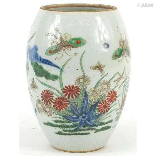 Chinese wucai porcelain vase hand painted with butterflies a...