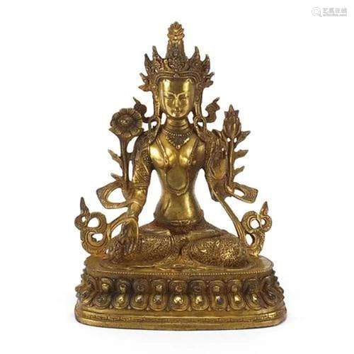 Chino Tibetan gilt bronze figure of seated Buddha, 28.5cm hi...