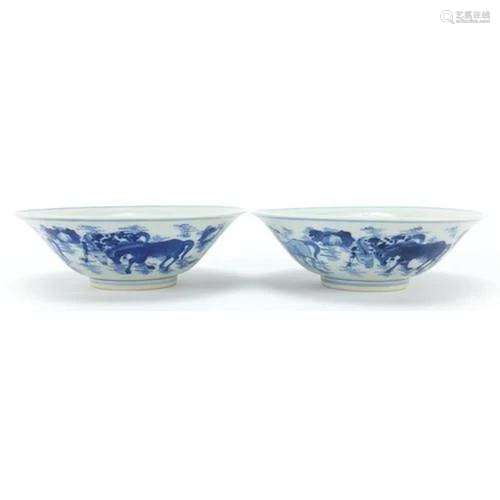 Pair of Chinese blue and white porcelain bowls hand painted ...