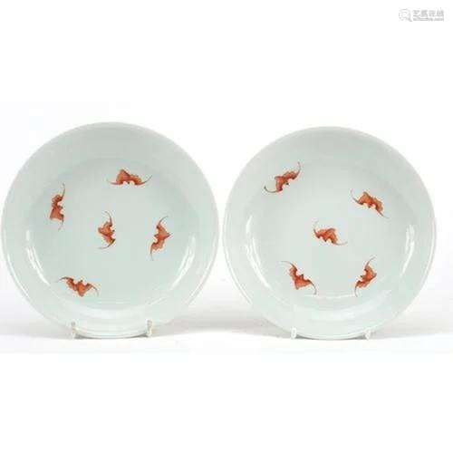 Pair of Chinese porcelain shallow dishes hand painted in iro...