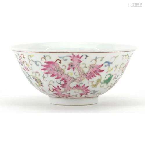 Chinese porcelain bowl hand painted in the famille rose pale...