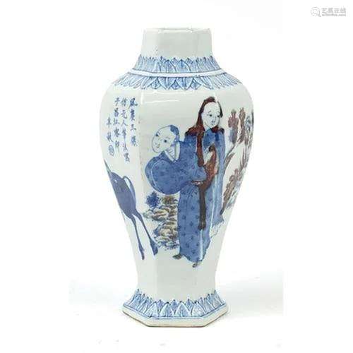 Chinese blue and white with iron red porcelain hexagonal vas...