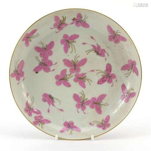 Chinese porcelain dish hand painted in pink with butterflies...