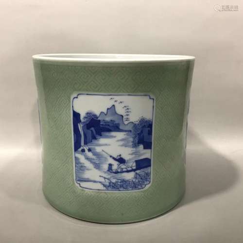 CHINESE CELADON GLAZED BLUE AND WHITE BRUSHPOT