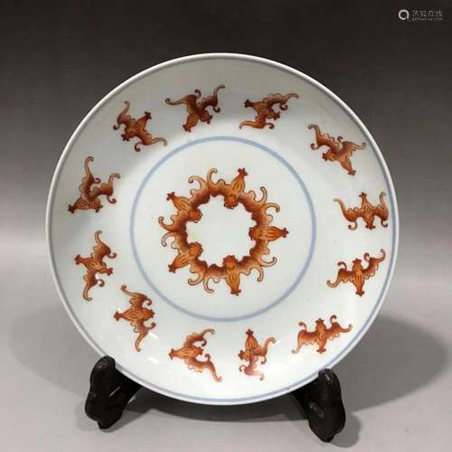 CHINESE IRON RED GLAZED PLATE,QIANLONG MARK