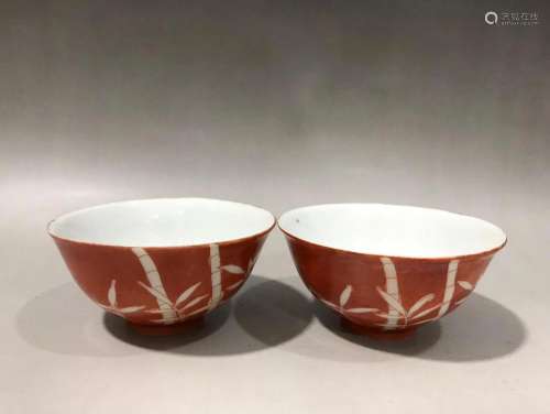 PAIR OF CHINESE CORAL RED GLAZED BOWLS,XUANTONG MARK