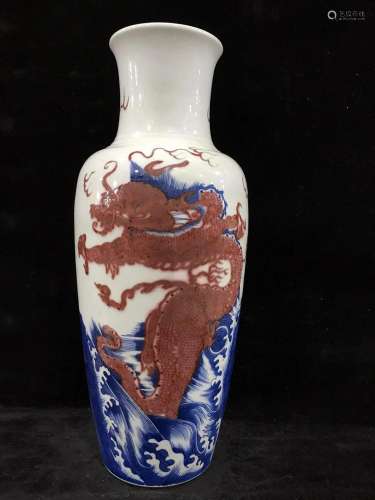 CHINESE BLUE AND WHITE COPPER RED VASE,KANGXI MARK