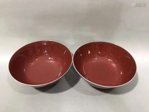 PAIR OF CHINESE RED GLAZED BOWLS,QIANLONG MARK