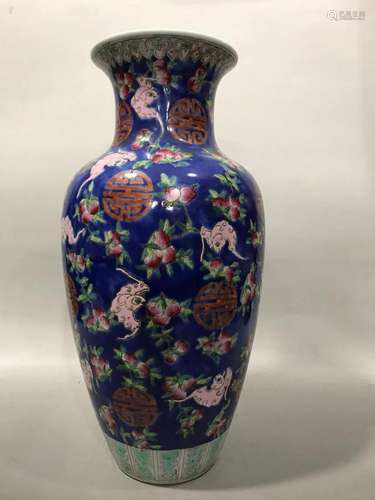 CHINESE BLUE GLAZED FAMILLE ROSE VASE,DAOGUANG MARK