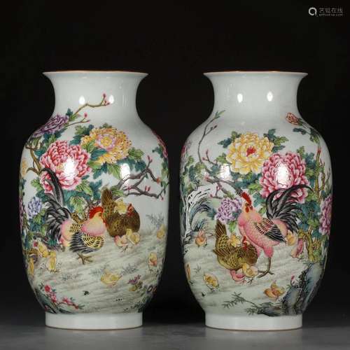 PAIR OF CHINESE FAMILLE ROSE VASES,YONGZHENG MARK