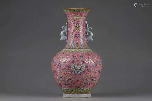 CHINESE PINK GLAZED VASE,JIAQING MARK