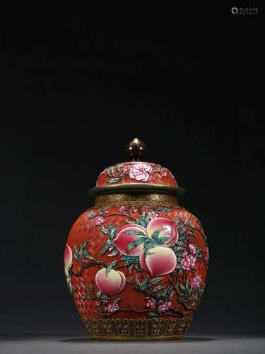 CHINESE FAMILLE ROSE CORAL RED JAR WITH LID