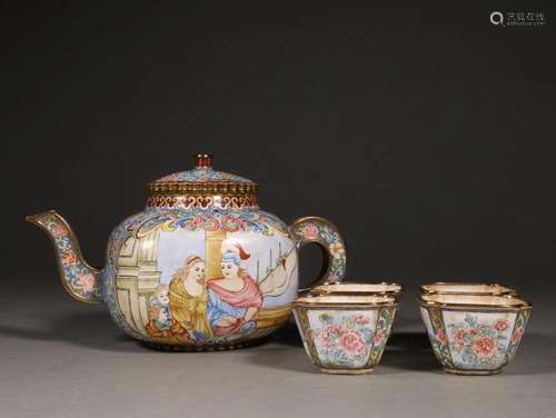 SET OF CLOISONNE TEAPOT WITH CUPS,QIANLONG MARK