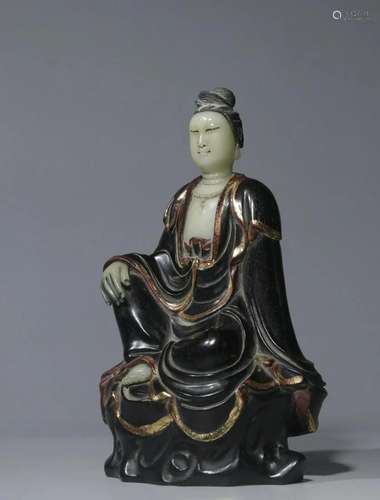 CHINESE ZITAN WOOD WITH HETIAN JADE GUANYIN