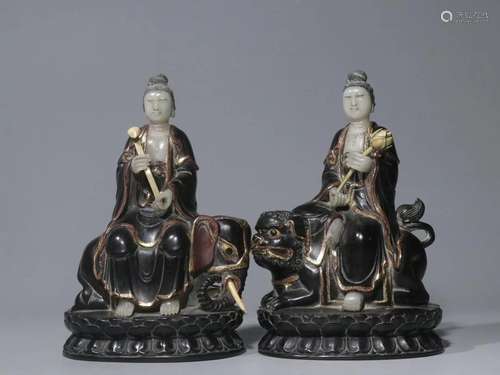 PAIR OF CHINESE ZITAN WOOD WITH HETIAN JADE BUDDHAS