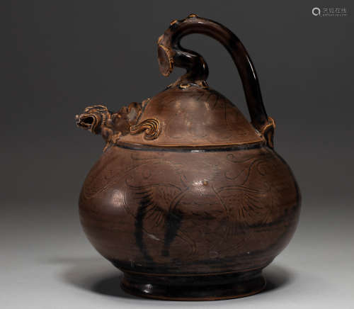 Chinese Liao dynasty sauce glaze skin flask