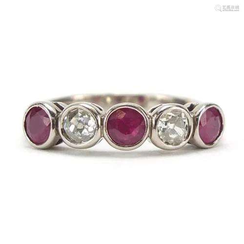 18ct white gold ruby and diamond five stone ring, size O, 5....