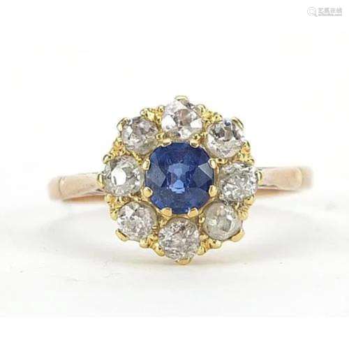Unmarked gold diamond and sapphire cluster ring, size S, 2.9...