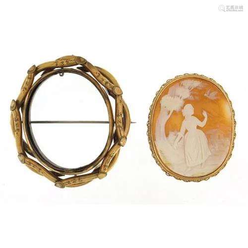 9ct gold mounted cameo brooch depicting a maiden with a bird...