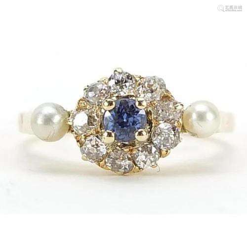 18ct gold diamond, sapphire and pearl ring, size K/L, 2.9g
