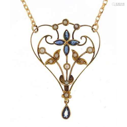 Art Nouveau 9ct gold sapphire and pearl pendant on a 9ct gol...